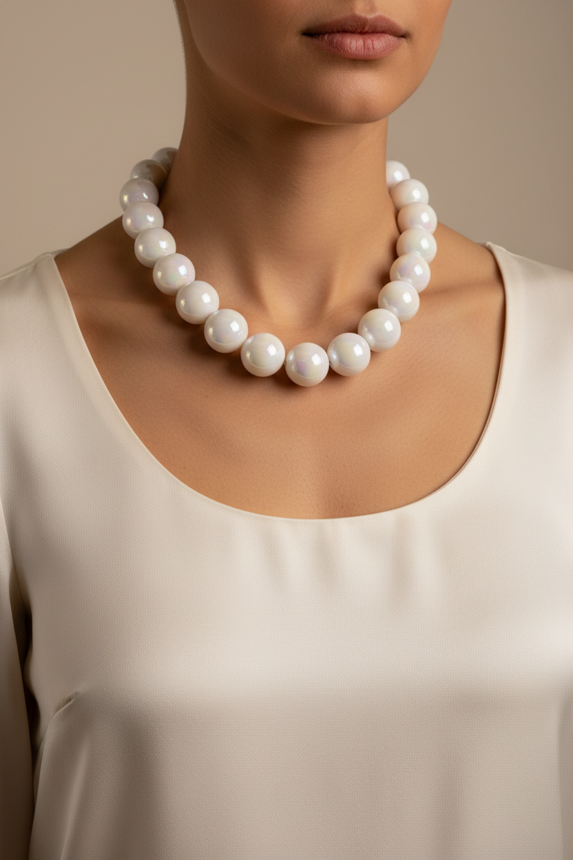 Collana perle bianche con modella