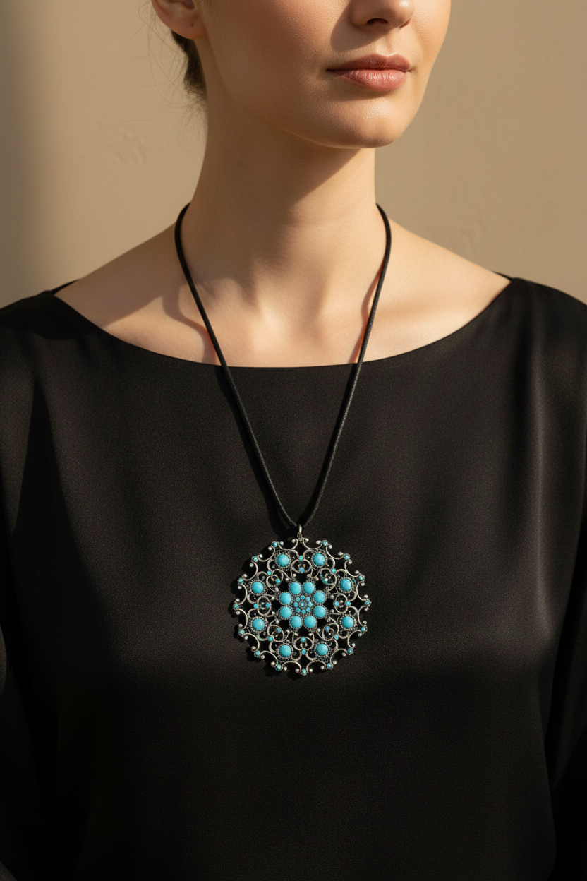 La Griffe Collana Mandala Turchese Cordino con modella